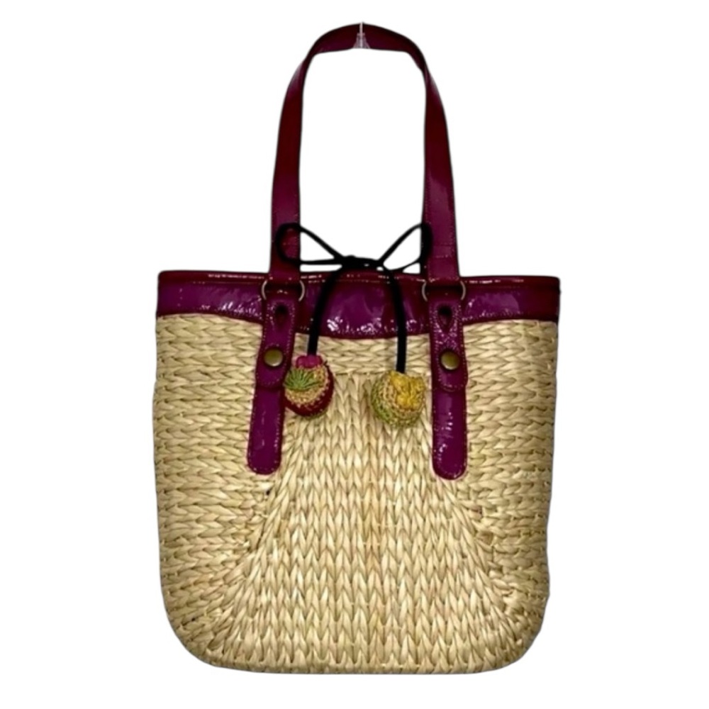 Lucky Brand Woven Straw Tote Patent Leather Beach Bag Boho Resort Large - Picture 2 of 9